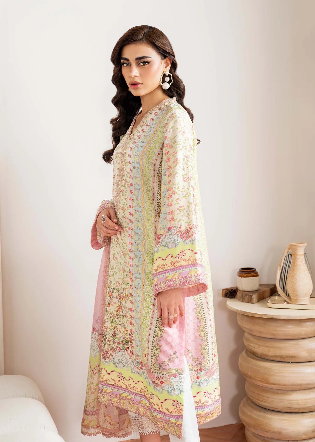 Model wearing pastel multicolor Seris from Kanwal Malik Rosalia Silk Eid Collection '25, Pakistani luxury pret and clothes online in UK.