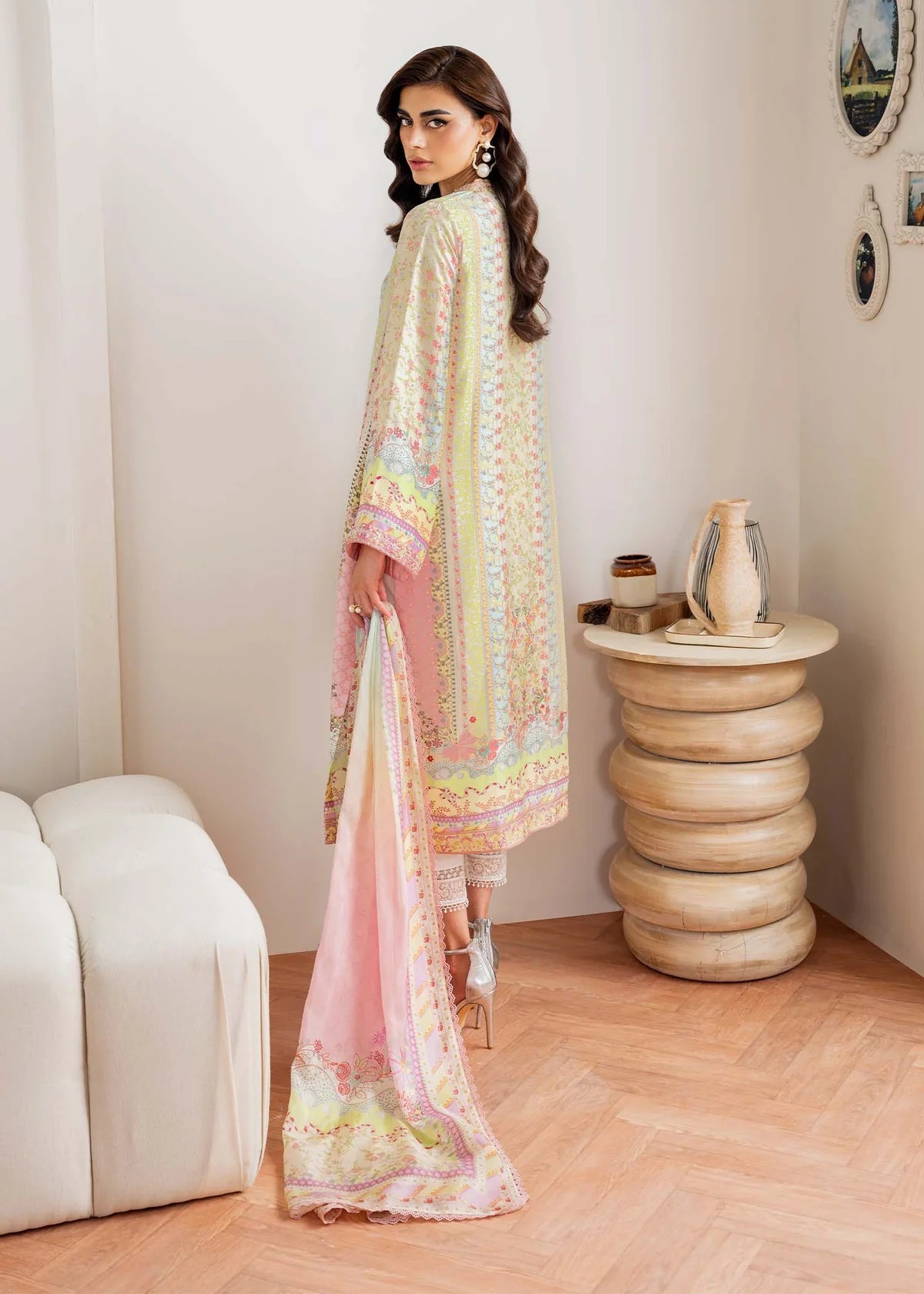 Model wearing pastel multicolor Seris from Kanwal Malik Rosalia Silk Eid Collection '25, Pakistani luxury pret and clothes online in UK.