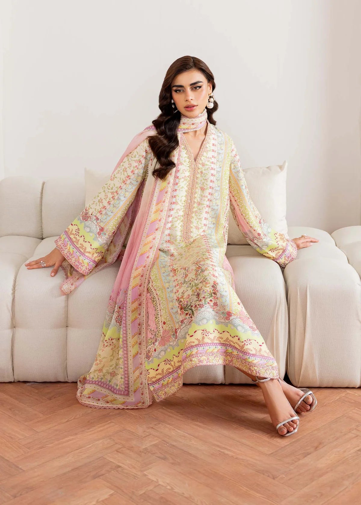 Model wearing pastel multicolor Seris from Kanwal Malik Rosalia Silk Eid Collection '25, Pakistani luxury pret and clothes online in UK.