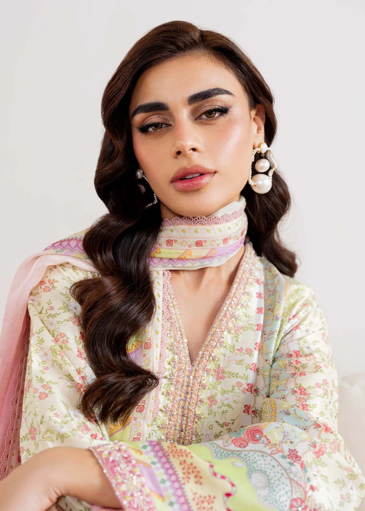 Model wearing pastel multicolor Seris from Kanwal Malik Rosalia Silk Eid Collection '25, Pakistani luxury pret and clothes online in UK.