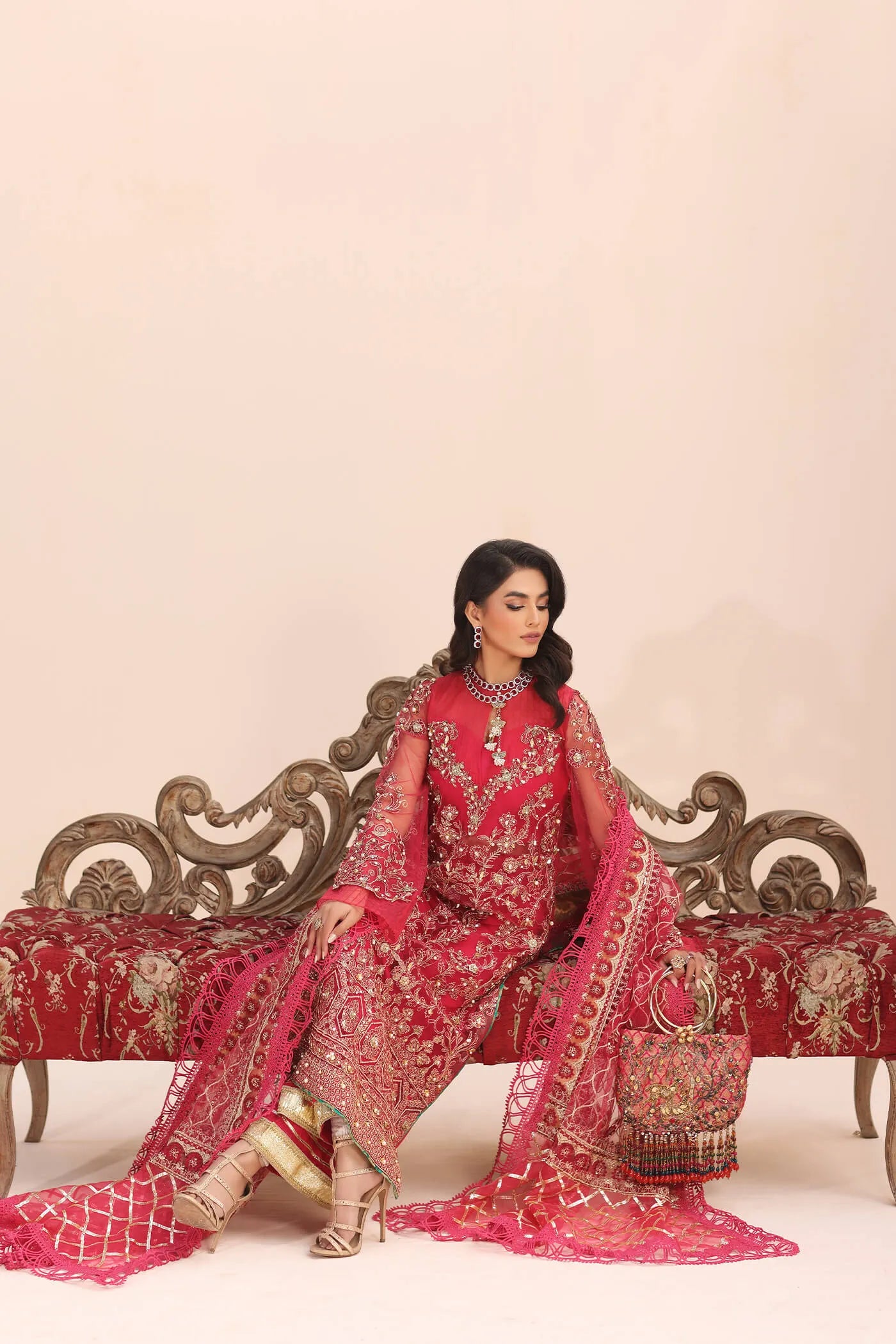 Model in Musferah Saad Fantasia pink Pakistani wedding dress, UK.