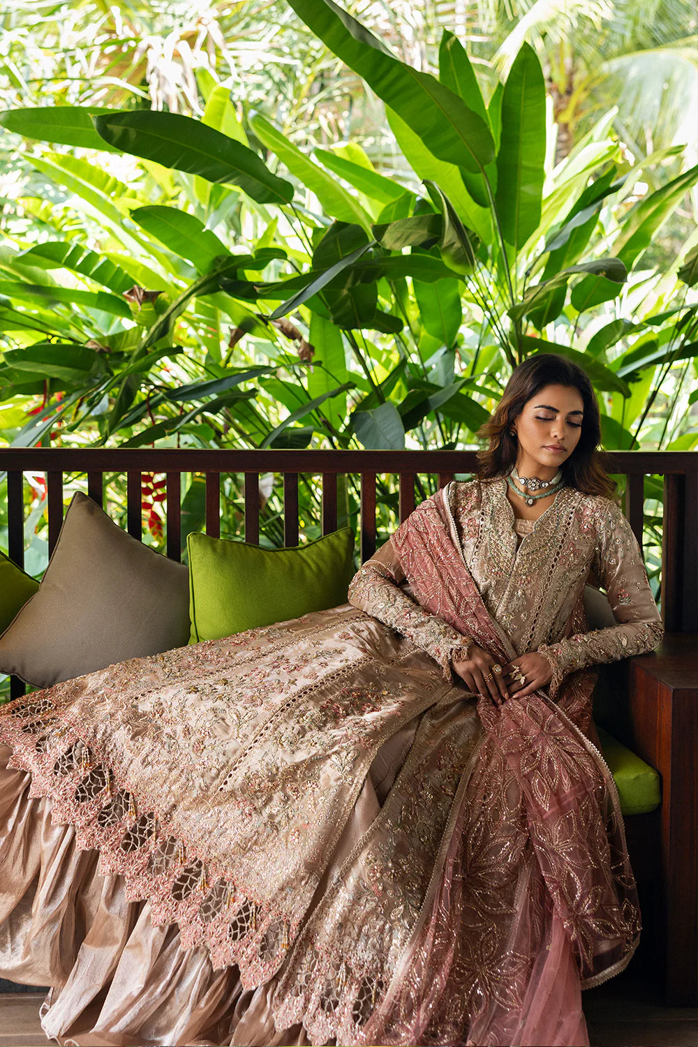 Model wearing Saira Rizwan ROHANA-SRF25-03 in champagne gold with pastel embroidery – Pakistani luxury pret, shop online in UK.