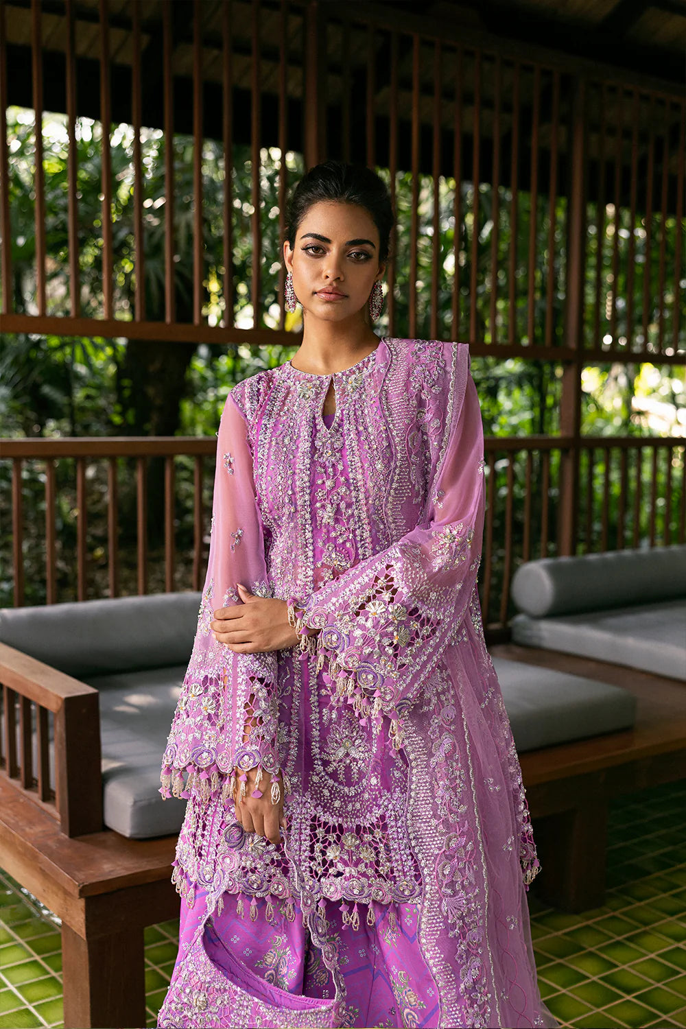 Model wearing Saira Rizwan LIYANA-SRF25-07 in lilac pink with intricate embroidery – Pakistani luxury pret, shop online in UK.