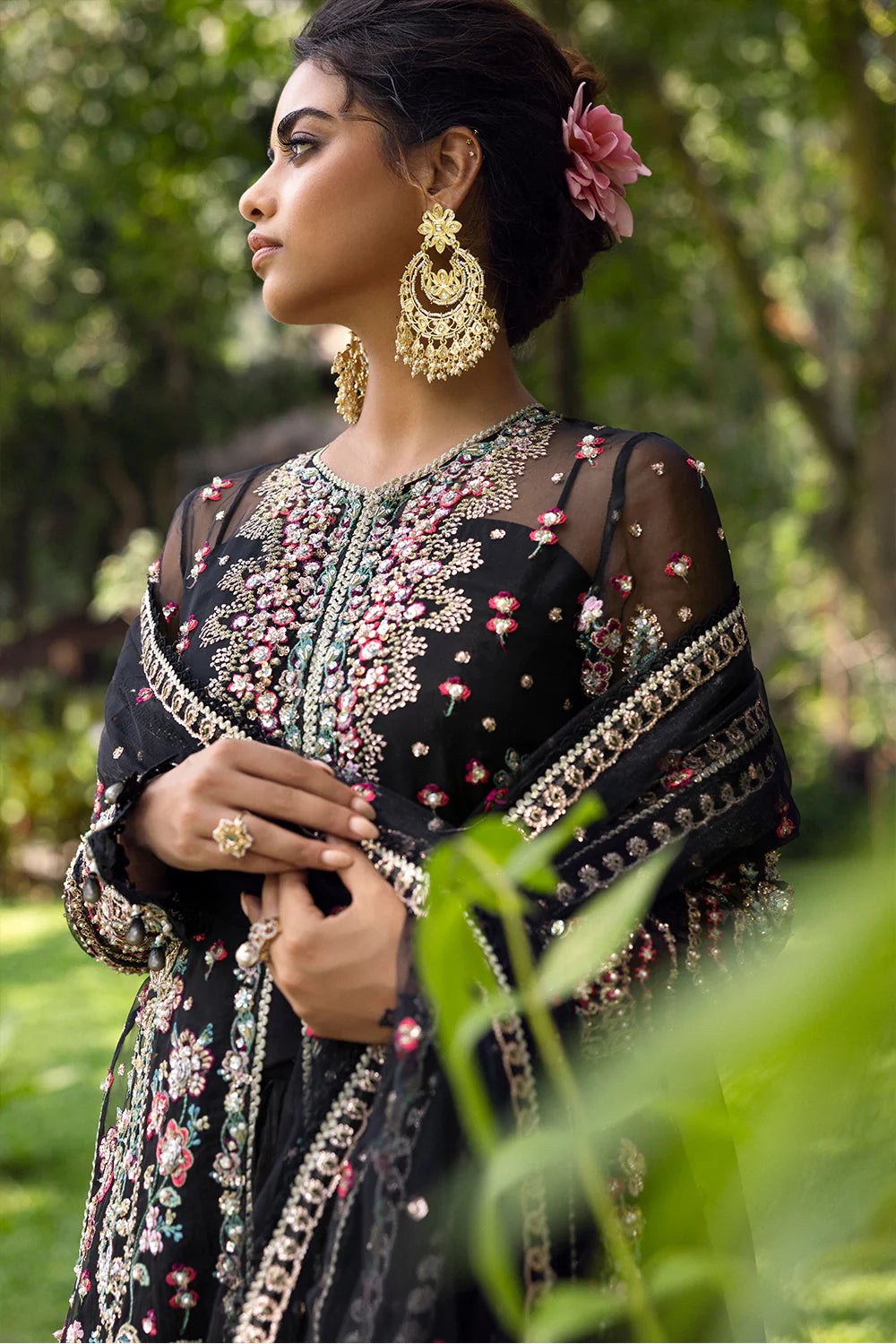 Model wearing Saira Rizwan AVINA-SRF25-02 in black with pastel floral embroidery – Pakistani luxury pret, shop online in UK.
