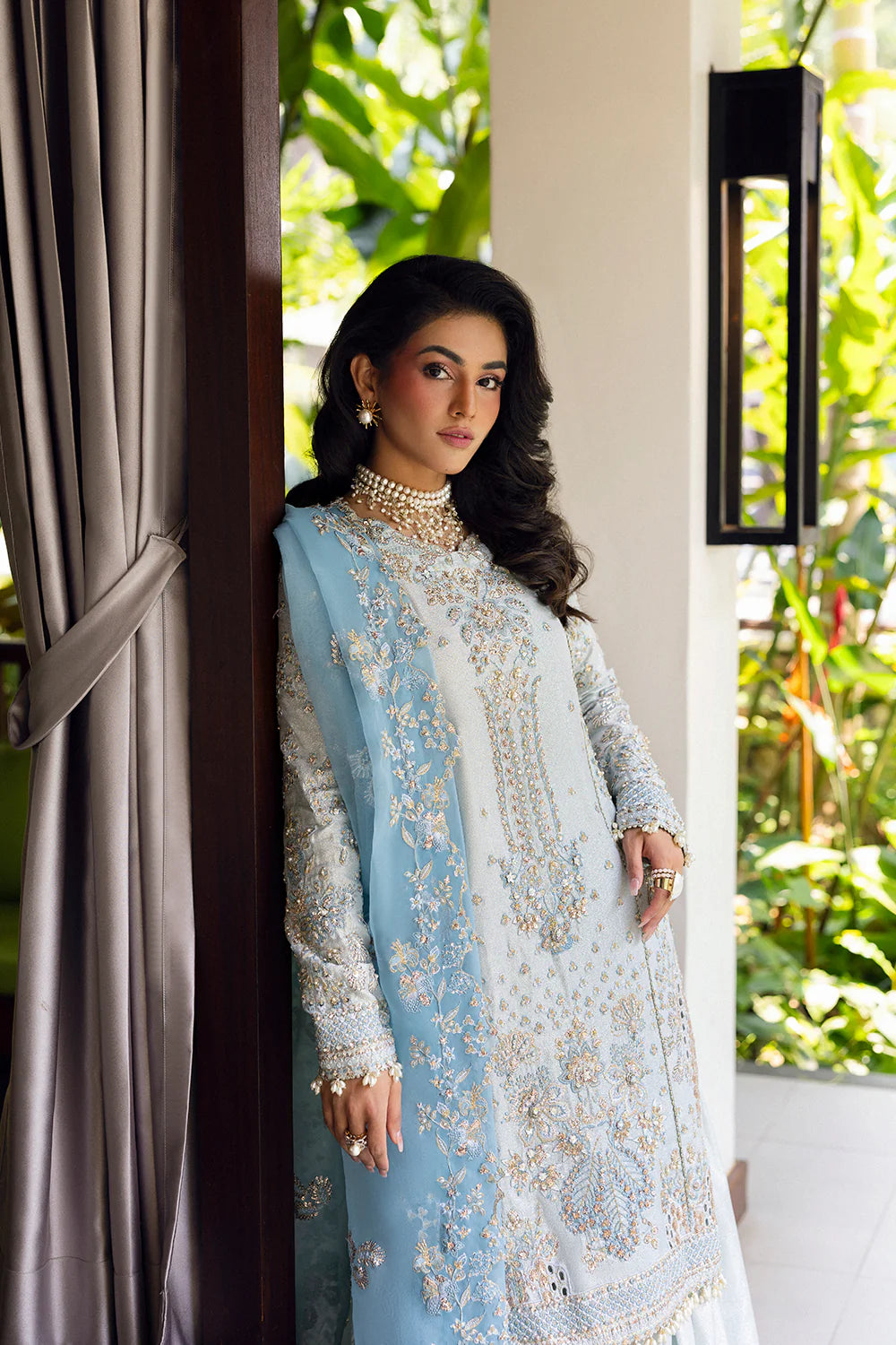 Model wearing Saira Rizwan SORAYA-SRF25-06 in ice blue with silver embroidery – Pakistani luxury pret, shop online in UK.