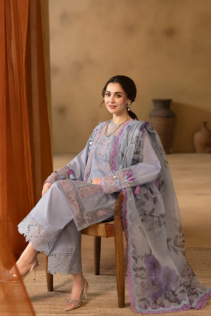 Model wearing lavender embroidered three-piece suit with printed dupatta from Saira Rizwan, Pakistani luxury pret, Pakistani clothes online in UK.
