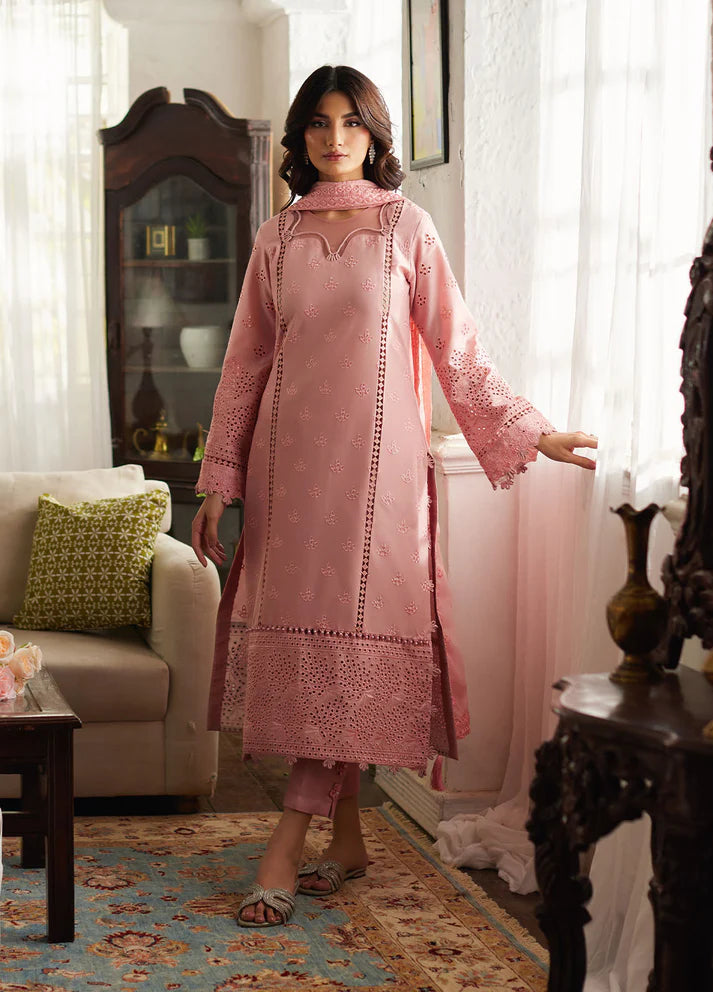 Model wearing blush pink Zerin from Gulaal Lumiere Chikankaari Lawn, Pakistani luxury pret and Pakistani clothes online in UK.