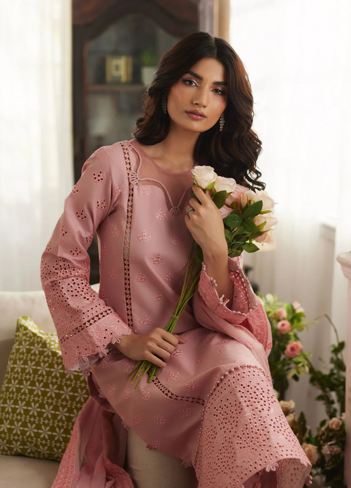 Model wearing blush pink Zerin from Gulaal Lumiere Chikankaari Lawn, Pakistani luxury pret and Pakistani clothes online in UK.