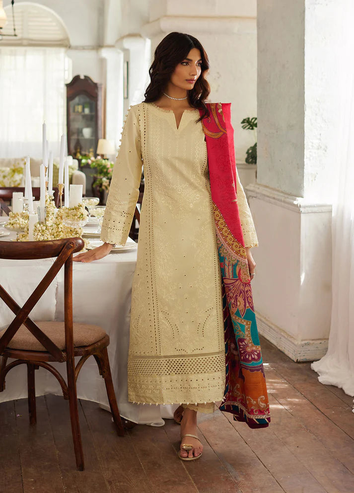 Model wearing off-white Azmin from Gulaal Lumiere Chikankaari Lawn, Pakistani luxury pret and Pakistani clothes online in UK.