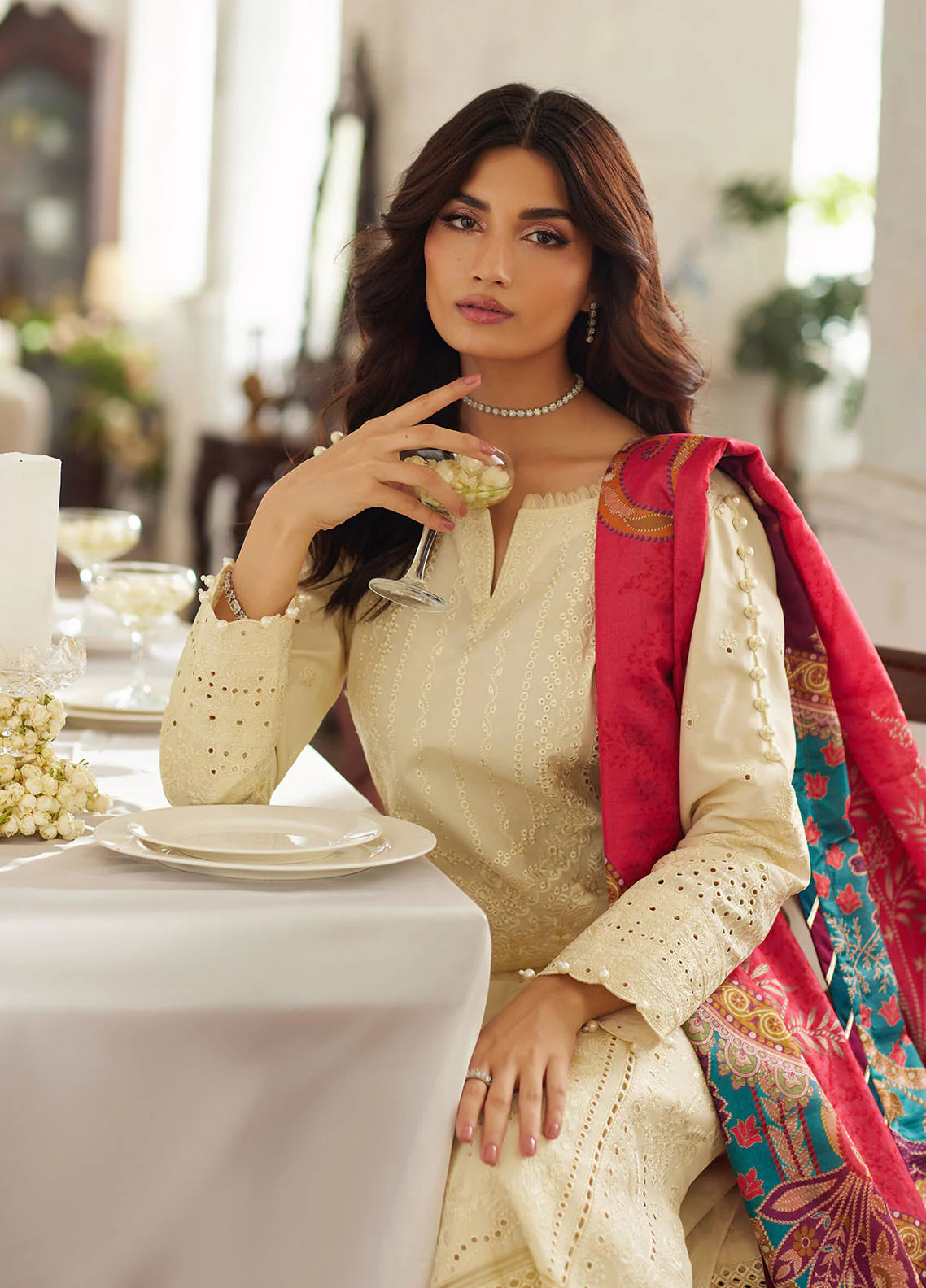 Model wearing off-white Azmin from Gulaal Lumiere Chikankaari Lawn, Pakistani luxury pret and Pakistani clothes online in UK.