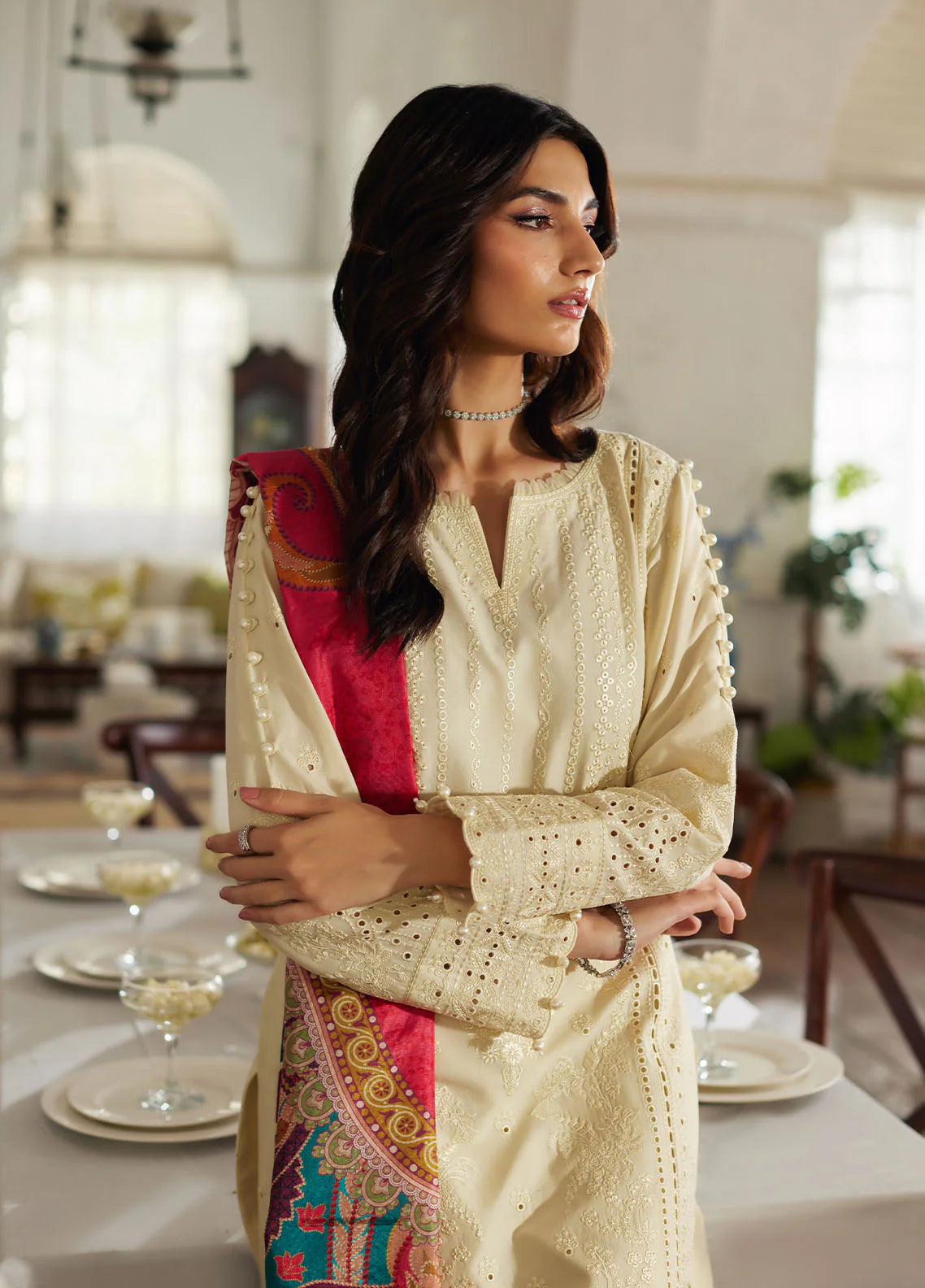 Model wearing off-white Azmin from Gulaal Lumiere Chikankaari Lawn, Pakistani luxury pret and Pakistani clothes online in UK.