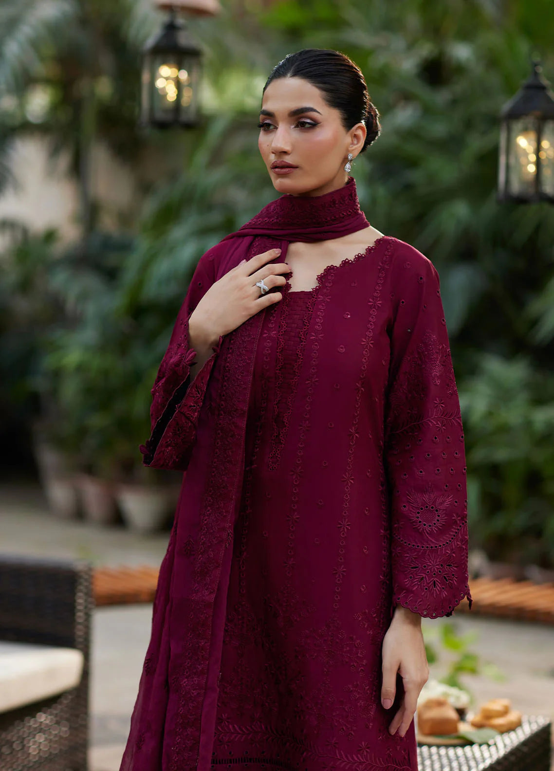 Model wearing deep maroon Reina from Gulaal Lumiere Chikankaari Lawn, Pakistani luxury pret and Pakistani clothes online in UK.
