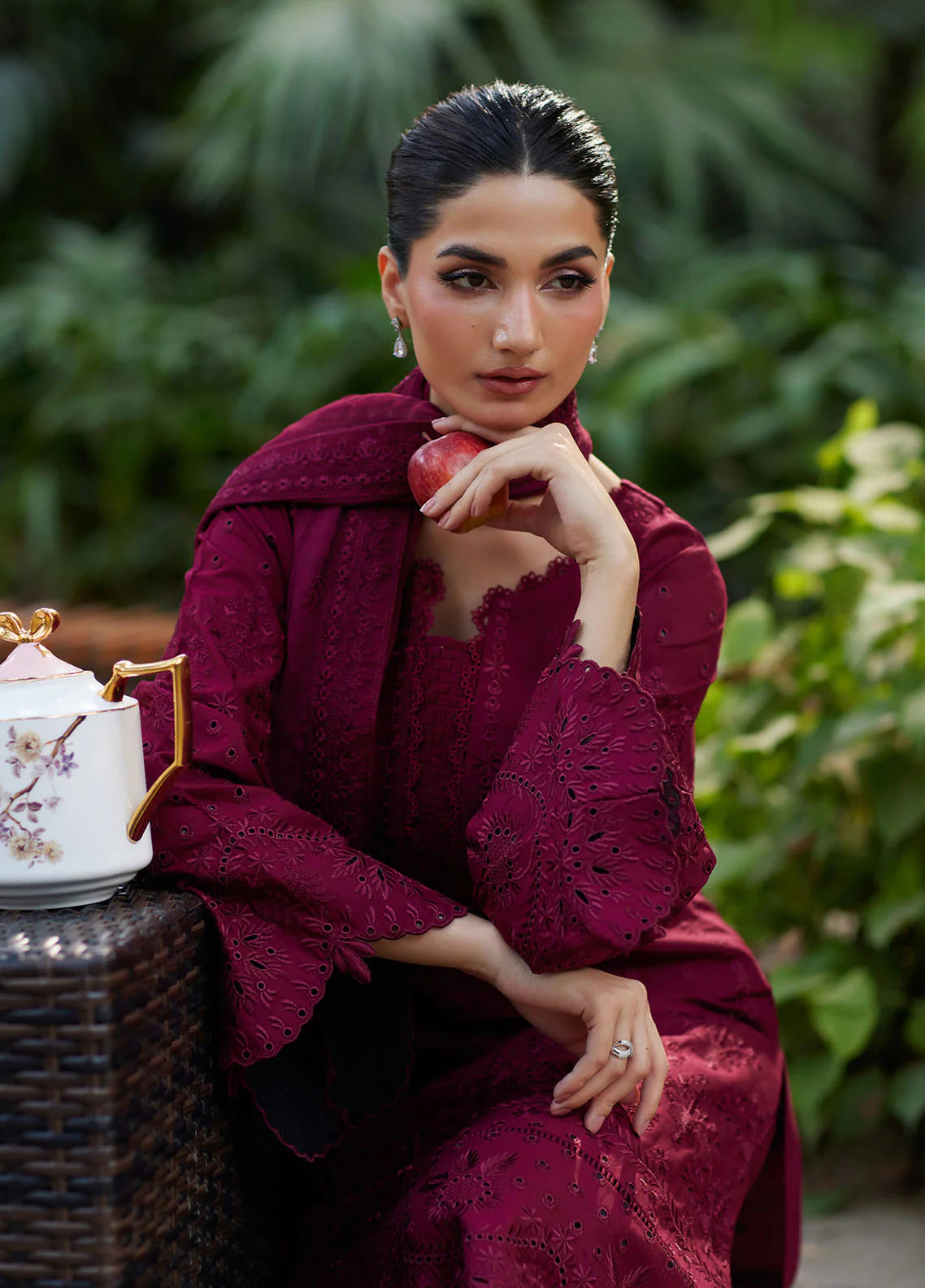 Model wearing deep maroon Reina from Gulaal Lumiere Chikankaari Lawn, Pakistani luxury pret and Pakistani clothes online in UK.