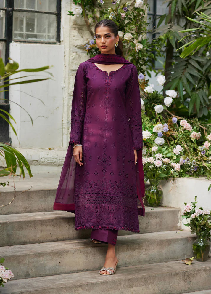 Model wearing deep plum Amora from Gulaal Lumiere Chikankaari Lawn, Pakistani luxury pret and Pakistani clothes online in UK.