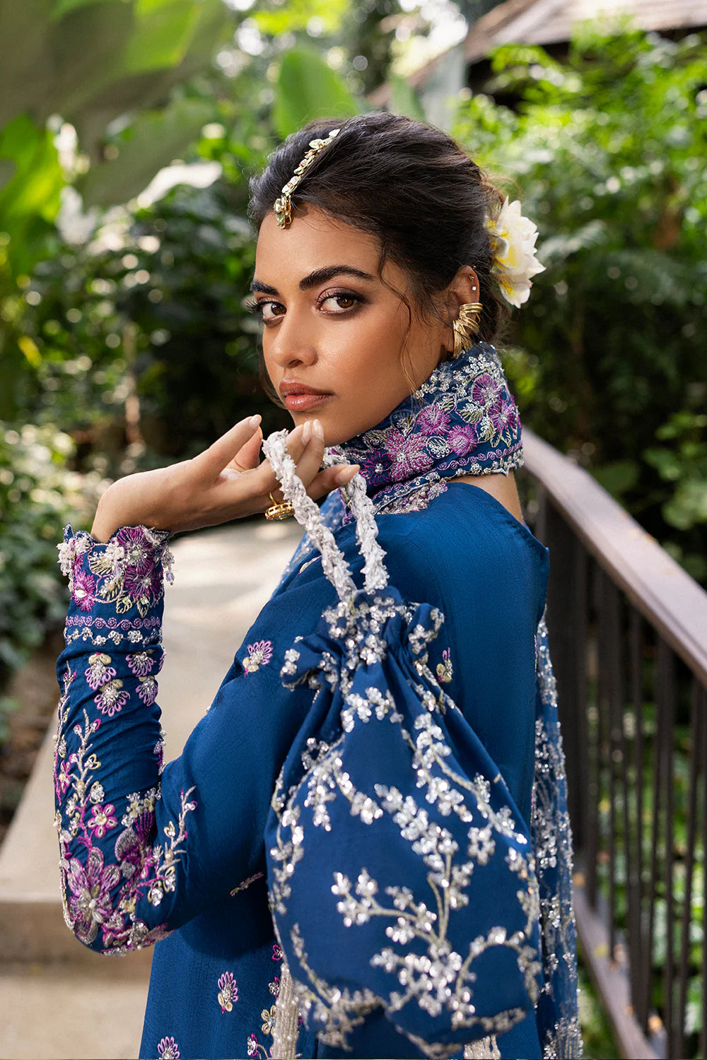 Model wearing Saira Rizwan DELARA-SRF25-08 in deep blue with floral embroidery – Pakistani luxury pret outfit, shop online in UK.