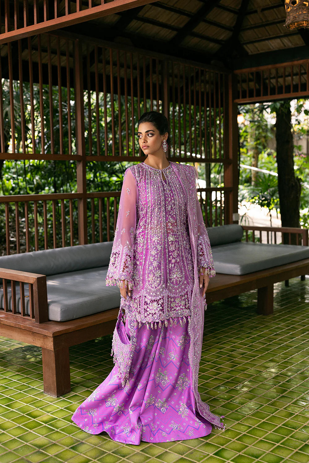 Model wearing Saira Rizwan LIYANA-SRF25-07 in lilac pink with intricate embroidery – Pakistani luxury pret, shop online in UK.