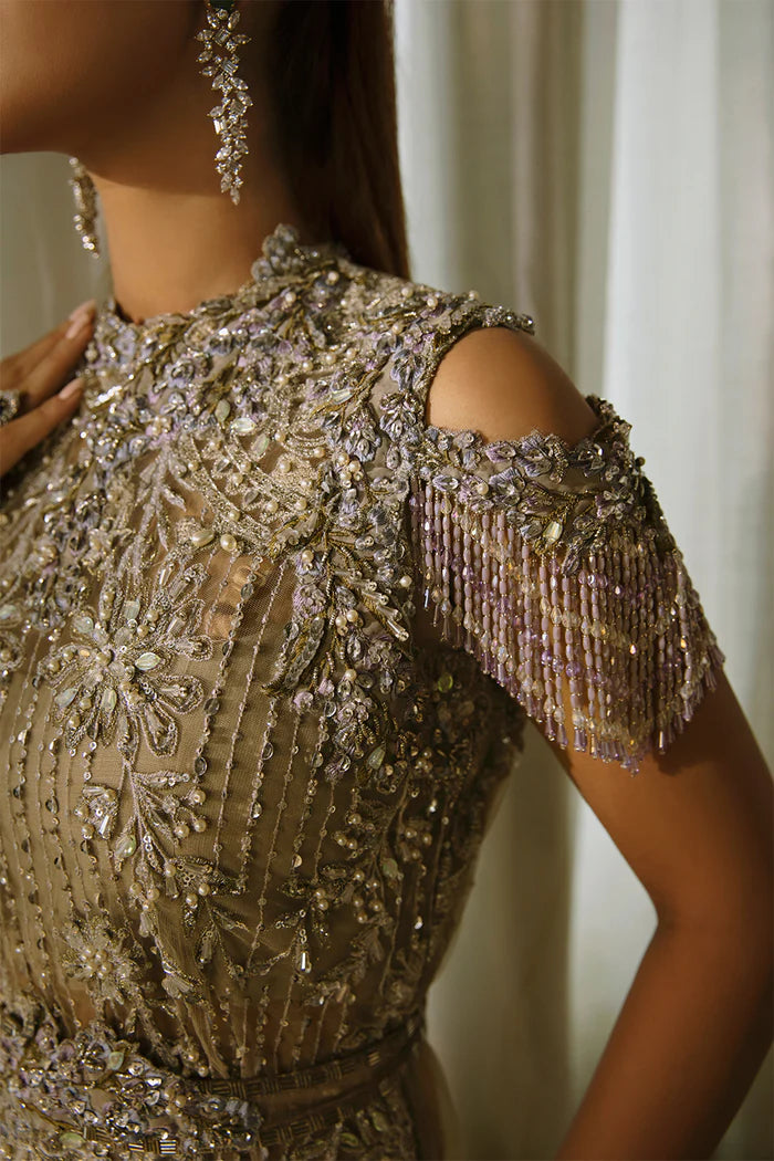 Model wearing Saira Rizwan ILLIANA Luxury Pret Amelia dress, showcasing Pakistani clothes online in the UK.