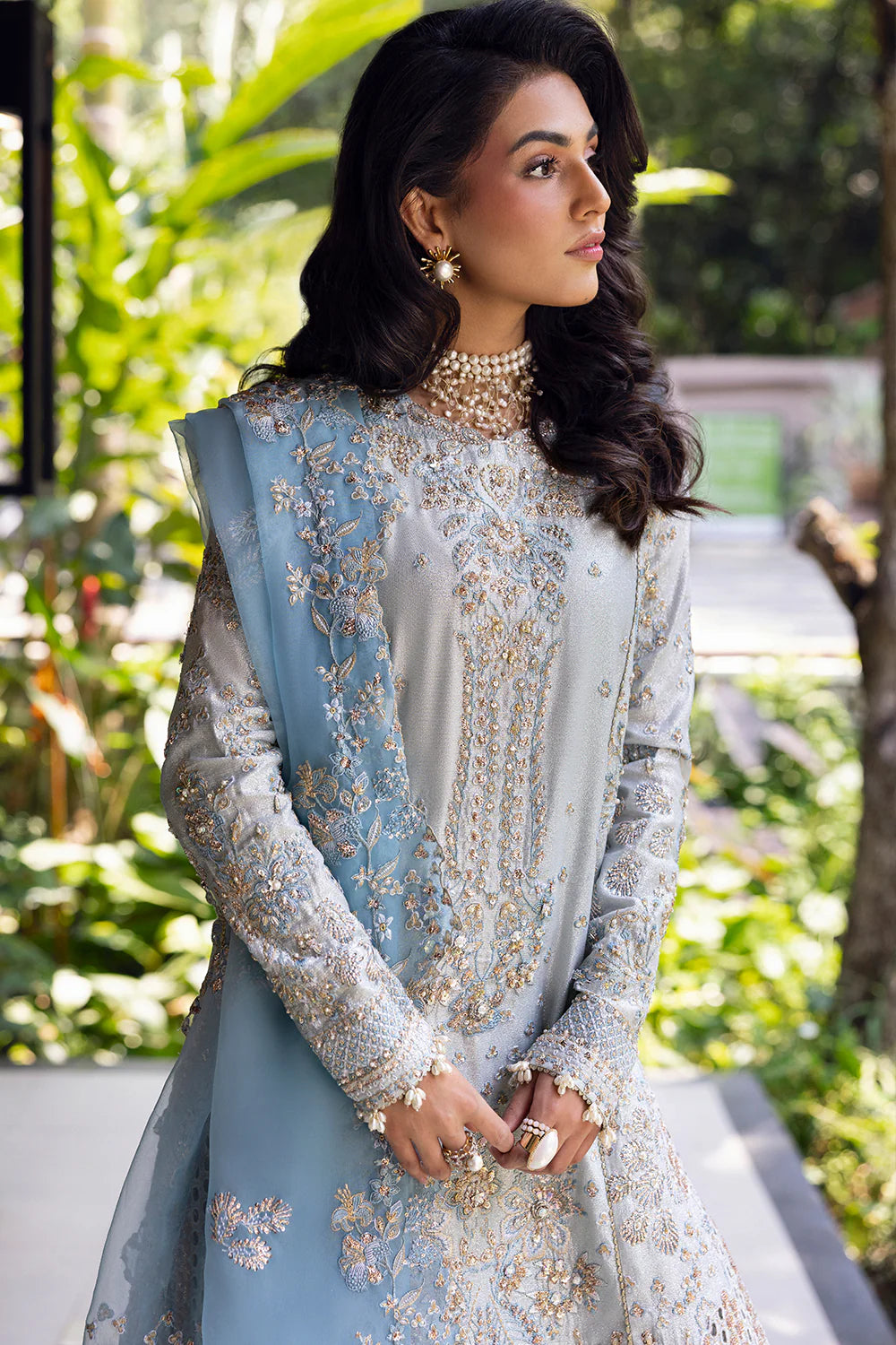 Model wearing Saira Rizwan SORAYA-SRF25-06 in ice blue with silver embroidery – Pakistani luxury pret, shop online in UK.