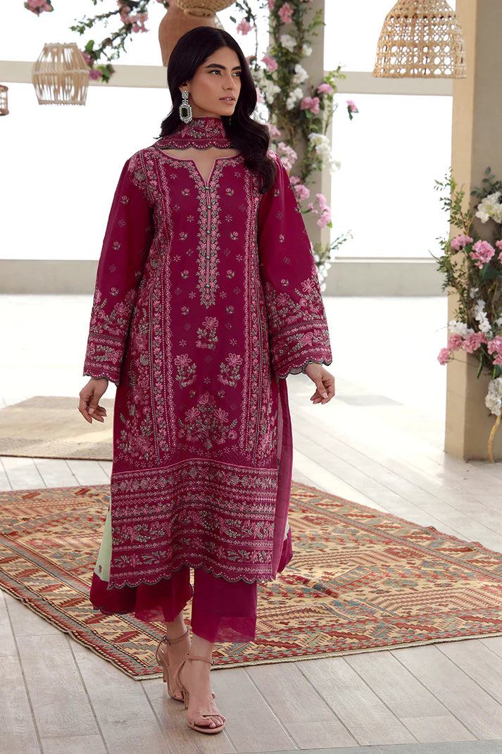 Model wearing deep magenta Gulaal Aaliyah outfit with intricate embroidery, ideal for Pakistani luxury pret and festive wear online in UK.