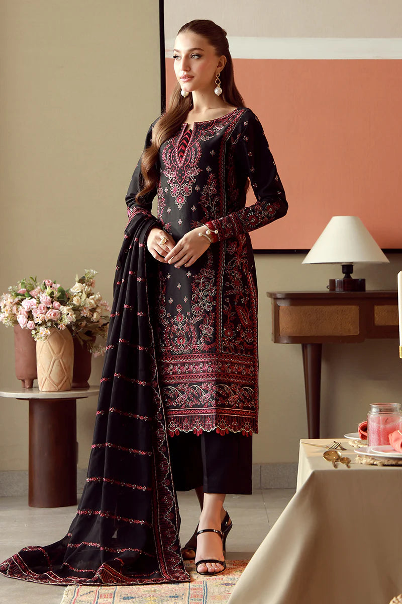 Model wearing black and maroon embroidered Gulaal Faina outfit, perfect for Eid wear and Pakistani luxury pret available online in the UK.
