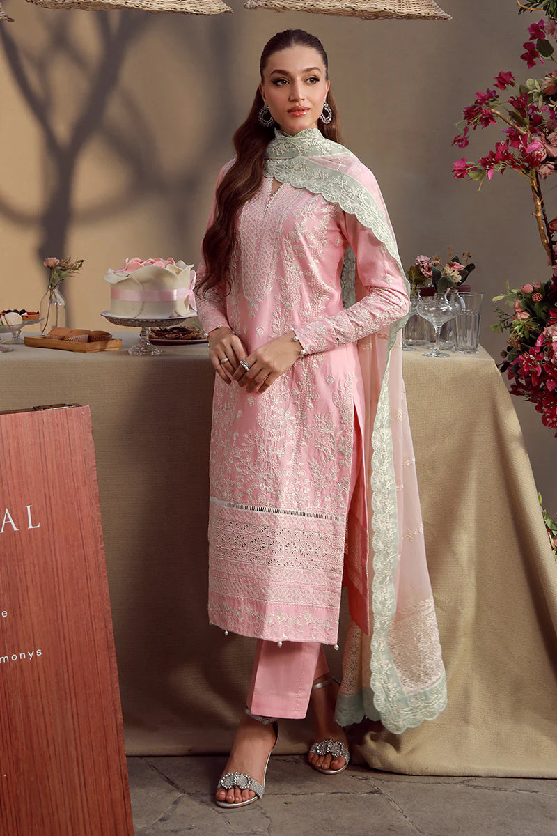 Model wearing blush pink embroidered Kavya outfit from Gulaal Festive Pret, ideal for Pakistani luxury pret and Eid wear in the UK.