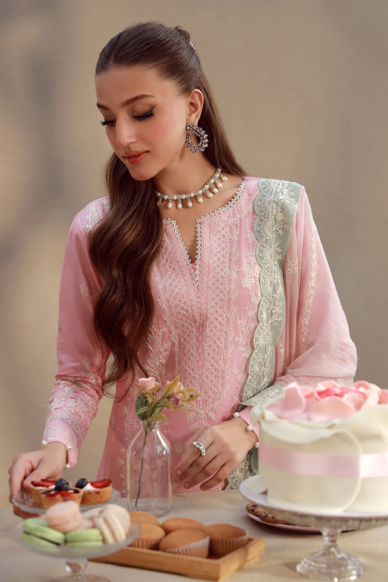 Model wearing blush pink embroidered Kavya outfit from Gulaal Festive Pret, ideal for Pakistani luxury pret and Eid wear in the UK.