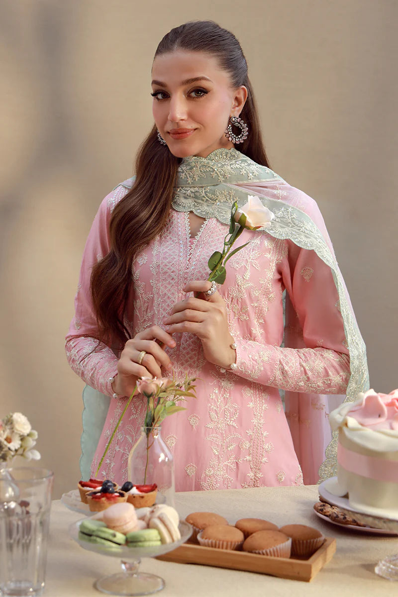 Model wearing blush pink embroidered Kavya outfit from Gulaal Festive Pret, ideal for Pakistani luxury pret and Eid wear in the UK.