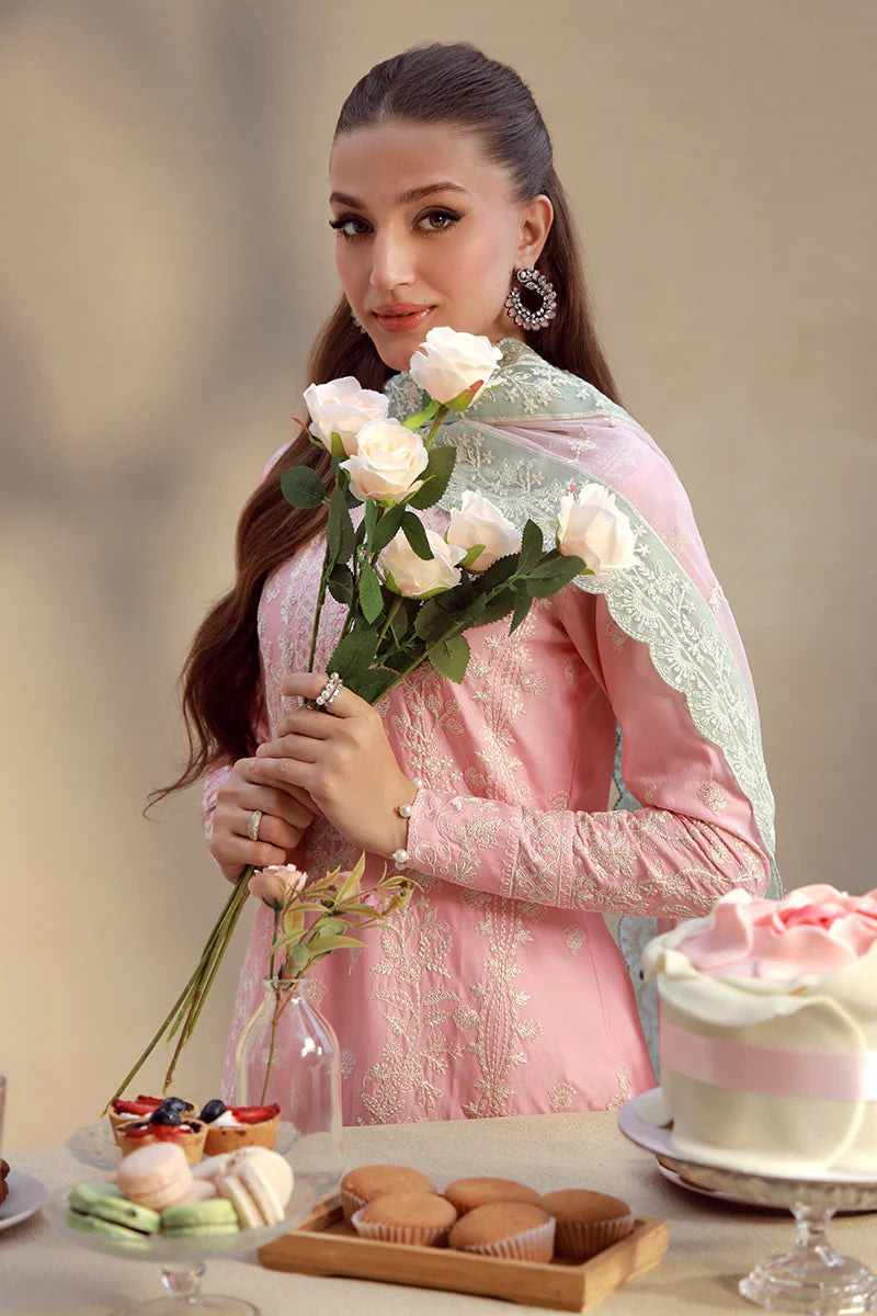Model wearing blush pink embroidered Kavya outfit from Gulaal Festive Pret, ideal for Pakistani luxury pret and Eid wear in the UK.