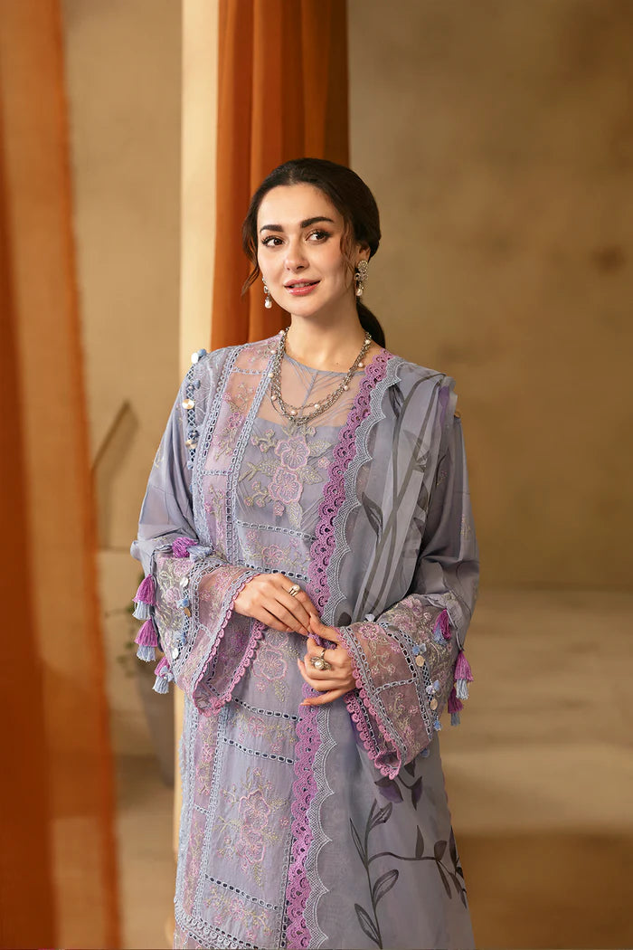 Model wearing lavender embroidered three-piece suit with printed dupatta from Saira Rizwan, Pakistani luxury pret, Pakistani clothes online in UK.