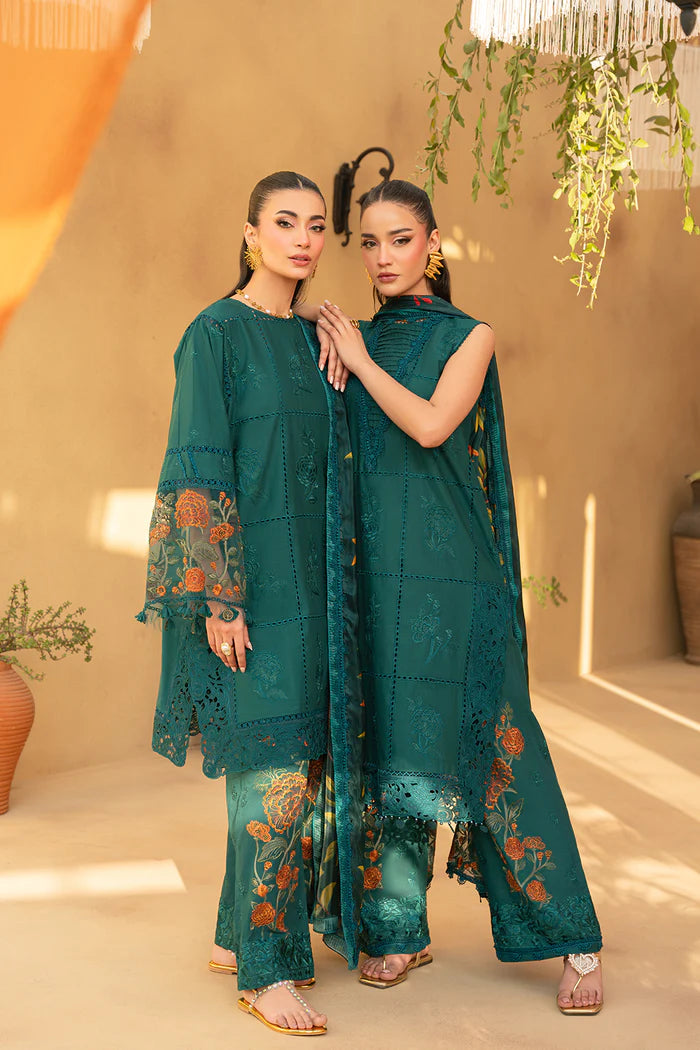 Model wearing emerald green embroidered dress with floral printed dupatta from Saira Rizwan, Pakistani luxury pret, Pakistani clothes online in UK.
