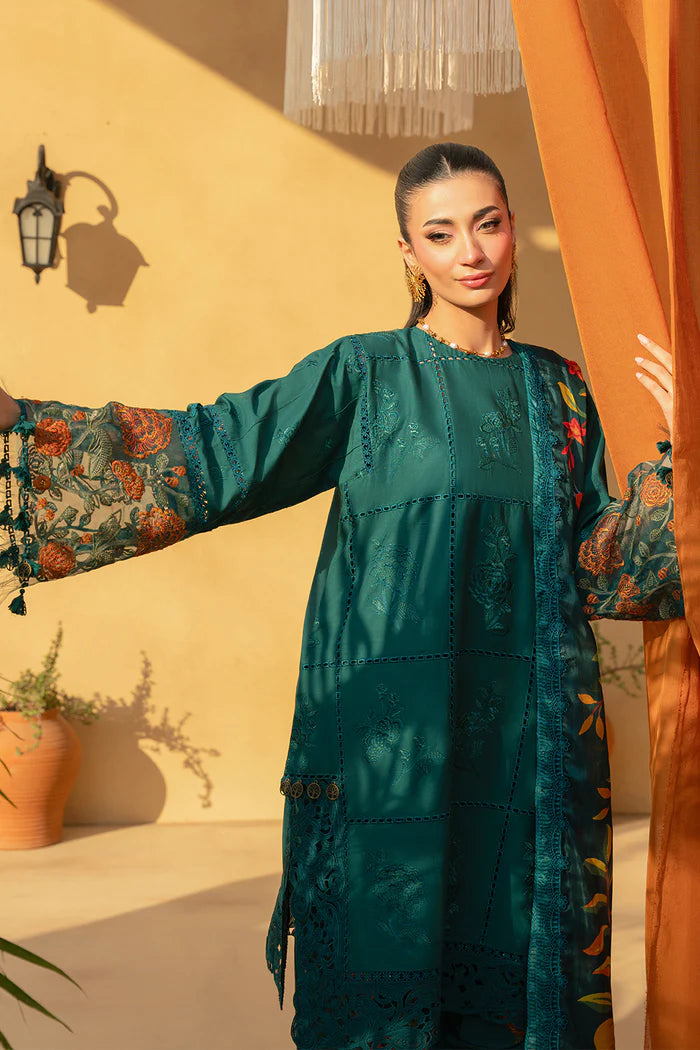 Model wearing emerald green embroidered dress with floral printed dupatta from Saira Rizwan, Pakistani luxury pret, Pakistani clothes online in UK.