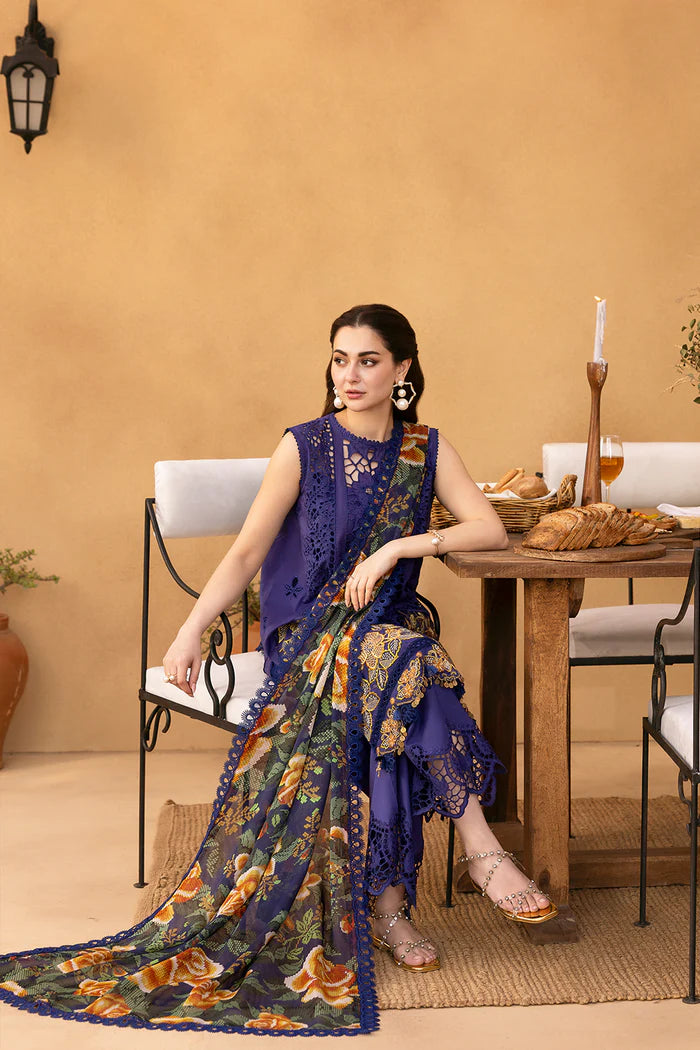 Model wearing deep purple embroidered dress from Saira Rizwan Luxury Lawn '25 AIMEE-SRL25-01, Pakistani Luxury pret online in UK.