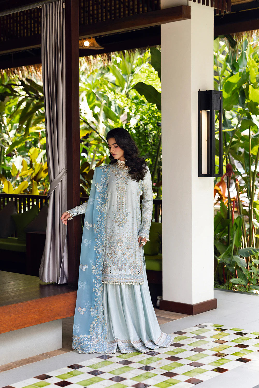 Model wearing Saira Rizwan SORAYA-SRF25-06 in ice blue with silver embroidery – Pakistani luxury pret, shop online in UK.