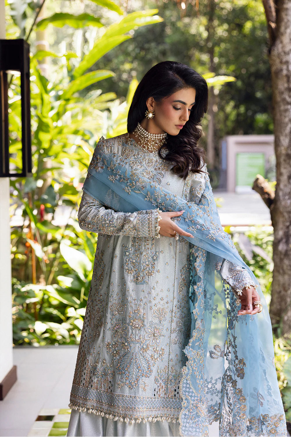 Model wearing Saira Rizwan SORAYA-SRF25-06 in ice blue with silver embroidery – Pakistani luxury pret, shop online in UK.