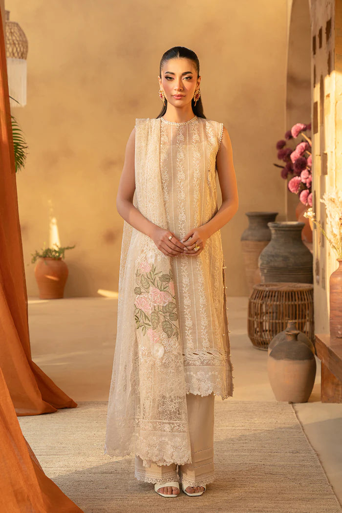 Model wearing beige embroidered shirt with lace detailing and matching floral dupatta from Saira Rizwan, Pakistani luxury pret, Pakistani clothes online in UK.