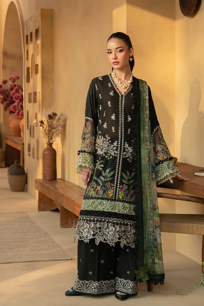 Model wearing black embroidered shirt with green and ivory detailing and matching dupatta from Saira Rizwan, Pakistani luxury pret, Pakistani clothes online in UK.