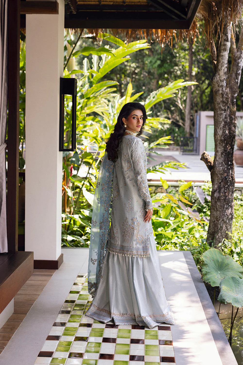 Model wearing Saira Rizwan SORAYA-SRF25-06 in ice blue with silver embroidery – Pakistani luxury pret, shop online in UK.