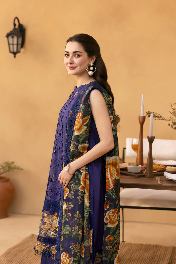 Model wearing deep purple embroidered dress from Saira Rizwan Luxury Lawn '25 AIMEE-SRL25-01, Pakistani Luxury pret online in UK.