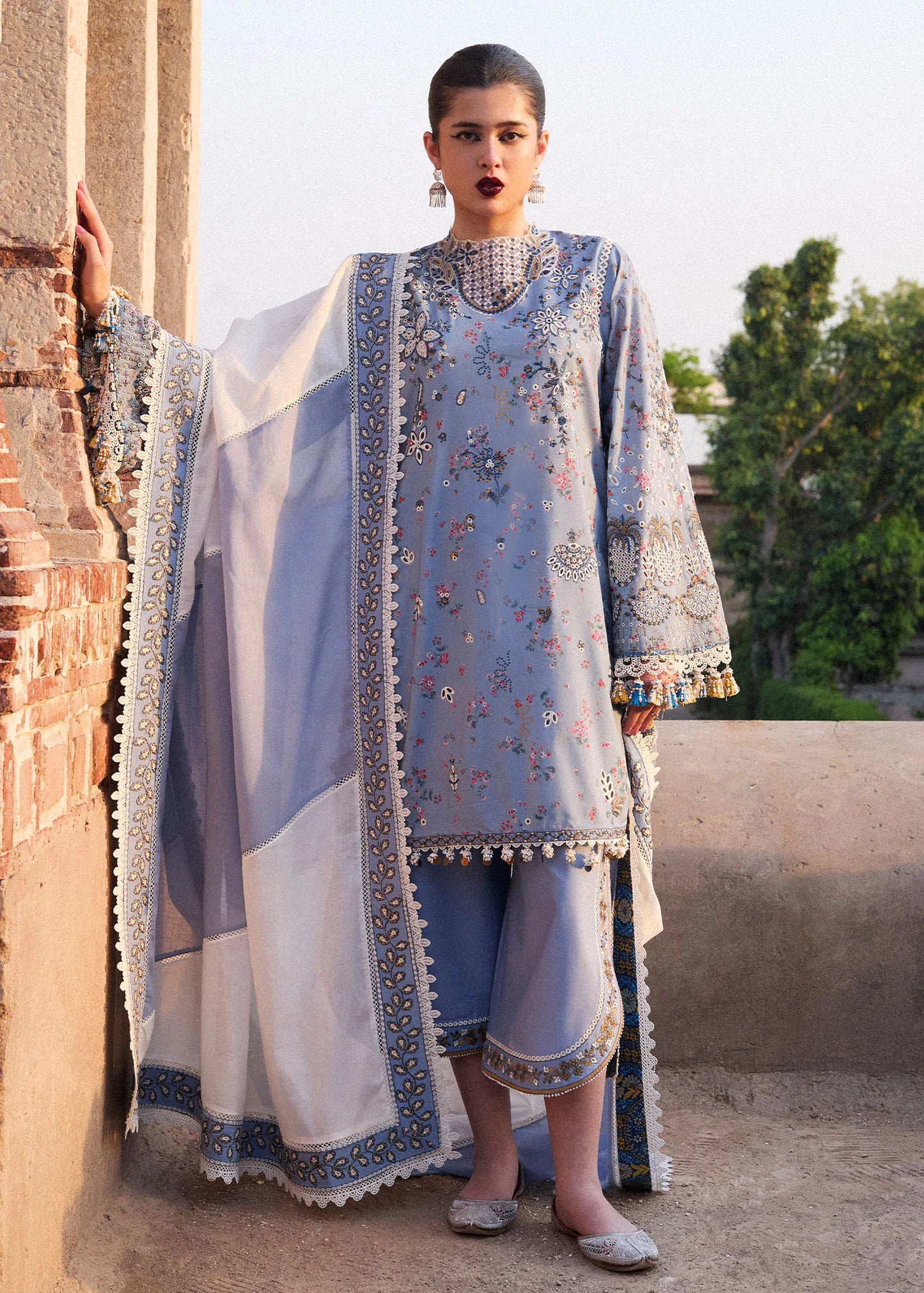 Model wearing powder blue Fira from Hussain Rehar Nirmal SS '25, Pakistani luxury pret and Pakistani clothes online in UK.