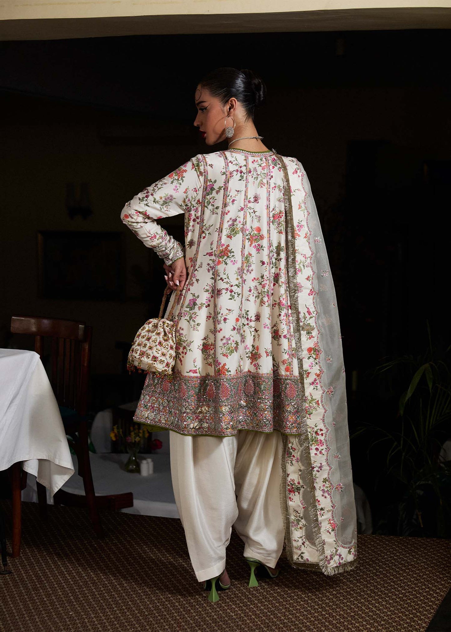 Model wearing Hussain Rehar SS Luxury Pret '25 Inara in ivory with floral embroidery. Shop Pakistani luxury pret online in the UK.
