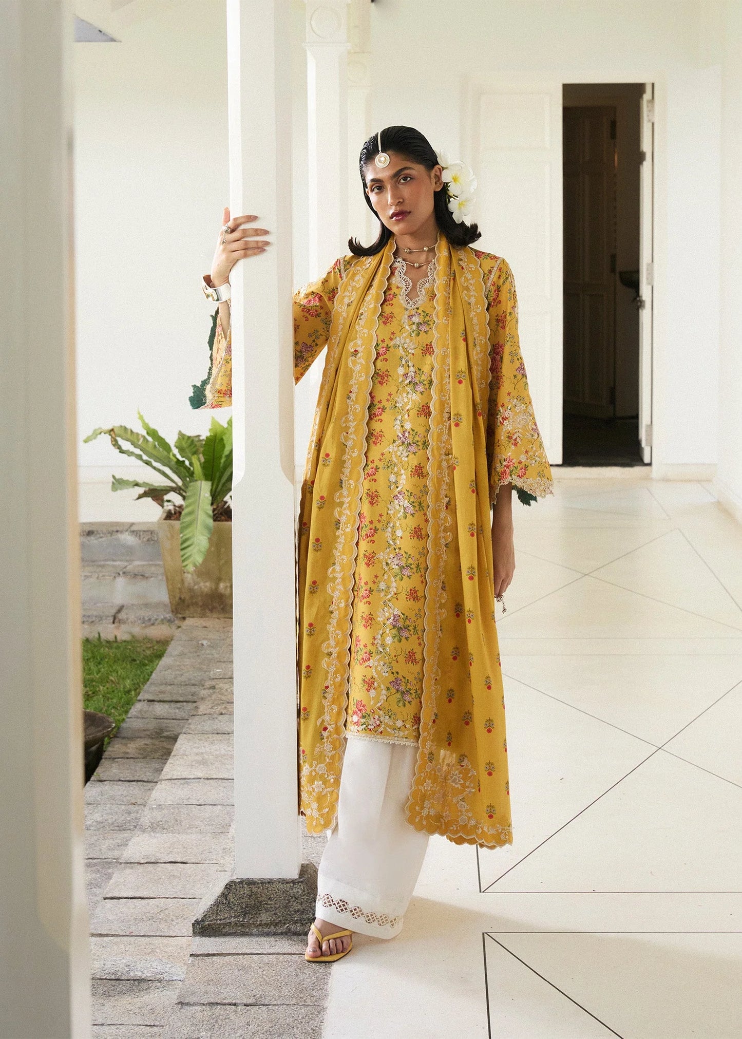 Model wearing mustard yellow Enid outfit from Hussain Rehar Pret SS '25, Pakistani casual pret and clothes online in UK.