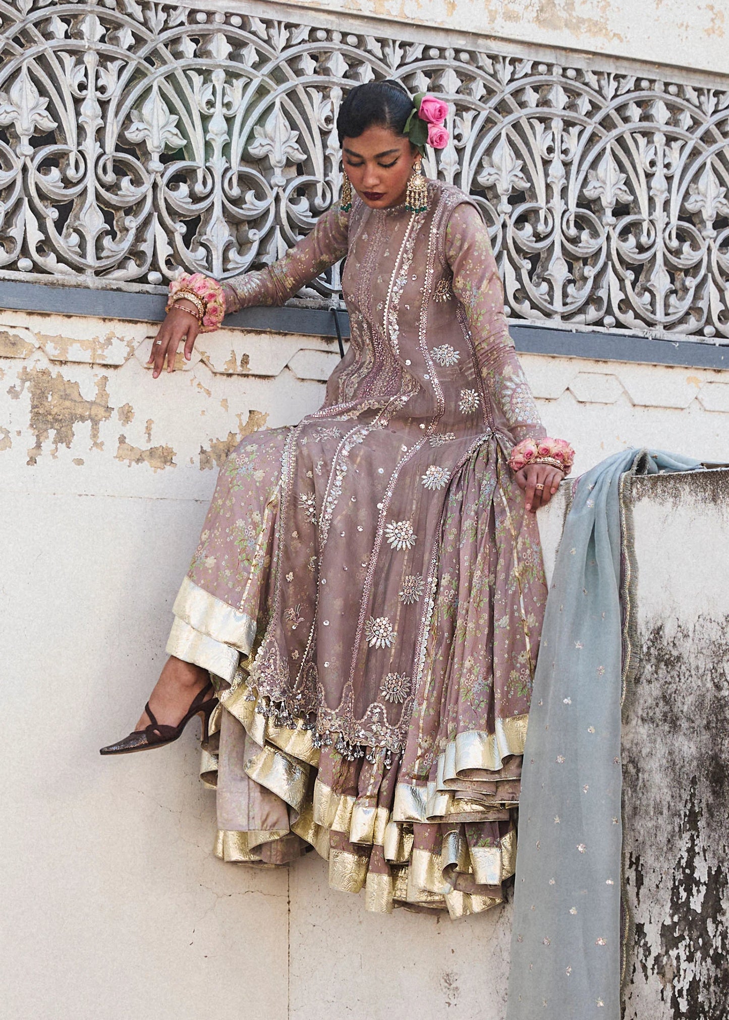 Model wearing Hussain Rehar Ziniya grey embroidered festive dress with intricate embellishments. Shop Pakistani clothes online in the UK now.