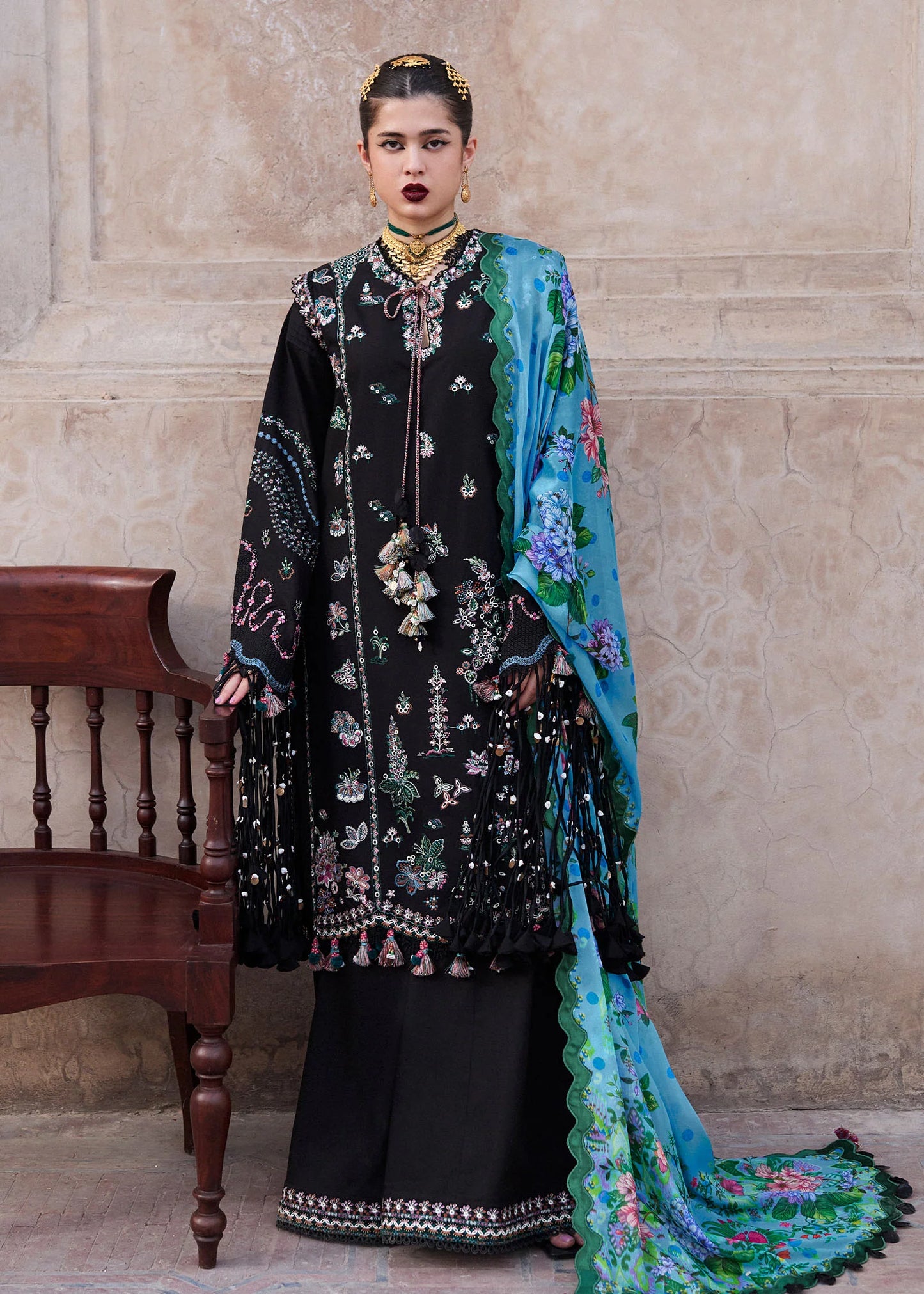 Model wearing black and blue Arzo from Hussain Rehar Nirmal SS '25, Pakistani luxury pret and Pakistani clothes online in UK.