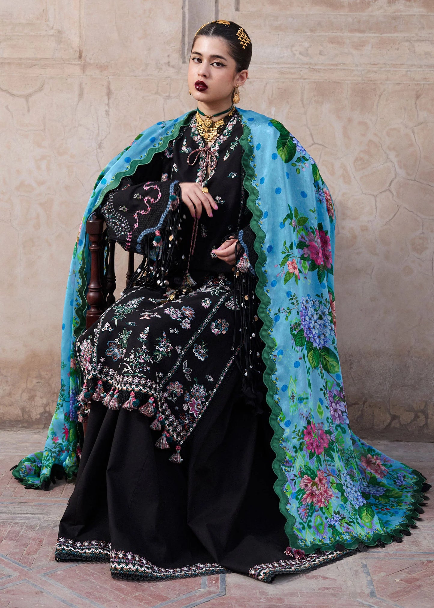 Model wearing black and blue Arzo from Hussain Rehar Nirmal SS '25, Pakistani luxury pret and Pakistani clothes online in UK.