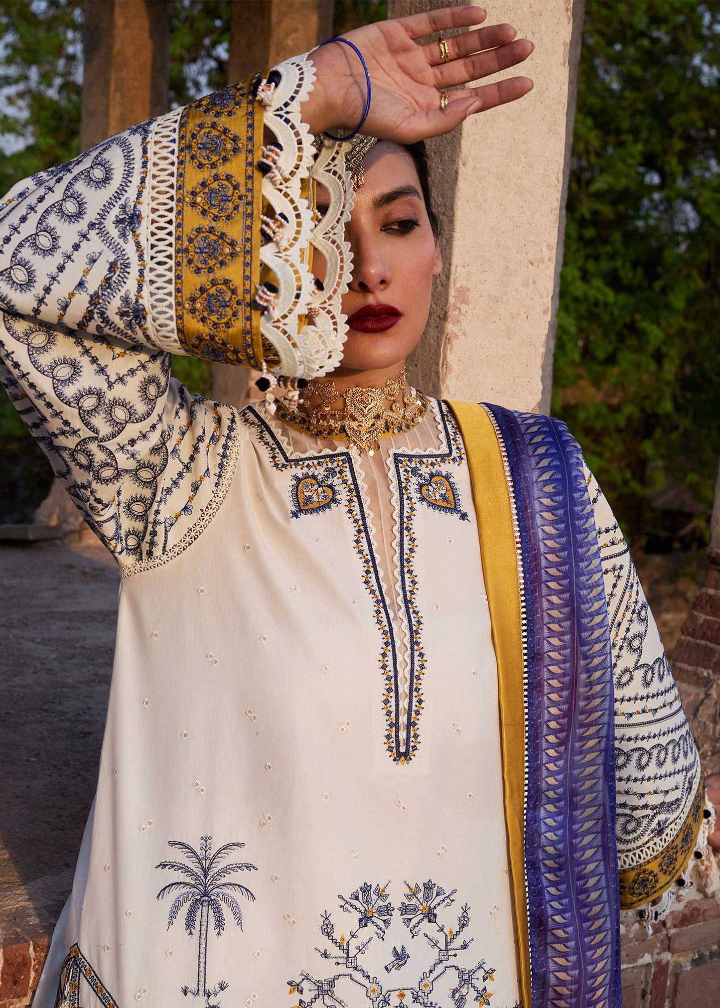 Model wearing ivory and multicolor Motia from Hussain Rehar Nirmal SS '25, Pakistani luxury pret and Pakistani clothes online in UK.
