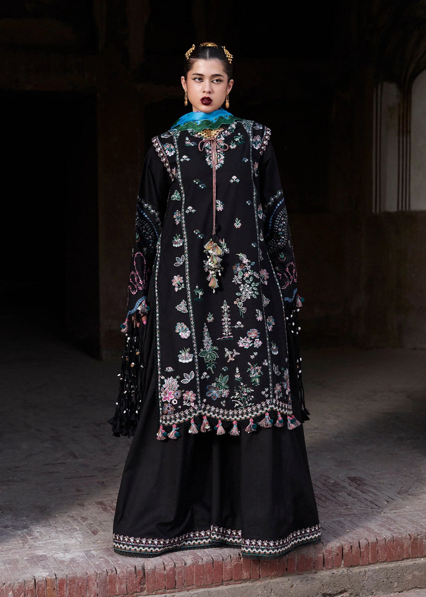 Model wearing black and blue Arzo from Hussain Rehar Nirmal SS '25, Pakistani luxury pret and Pakistani clothes online in UK.