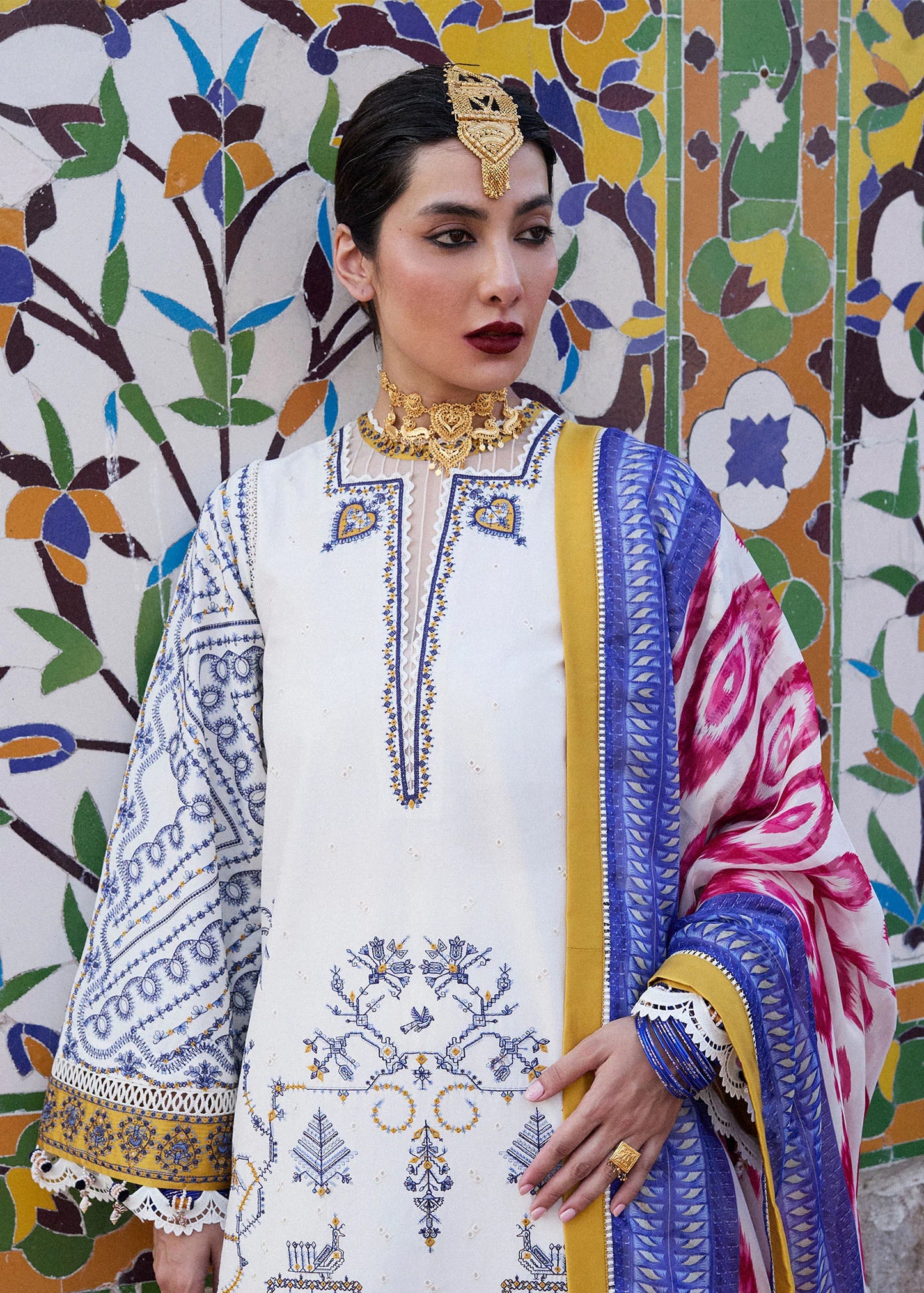 Model wearing ivory and multicolor Motia from Hussain Rehar Nirmal SS '25, Pakistani luxury pret and Pakistani clothes online in UK.