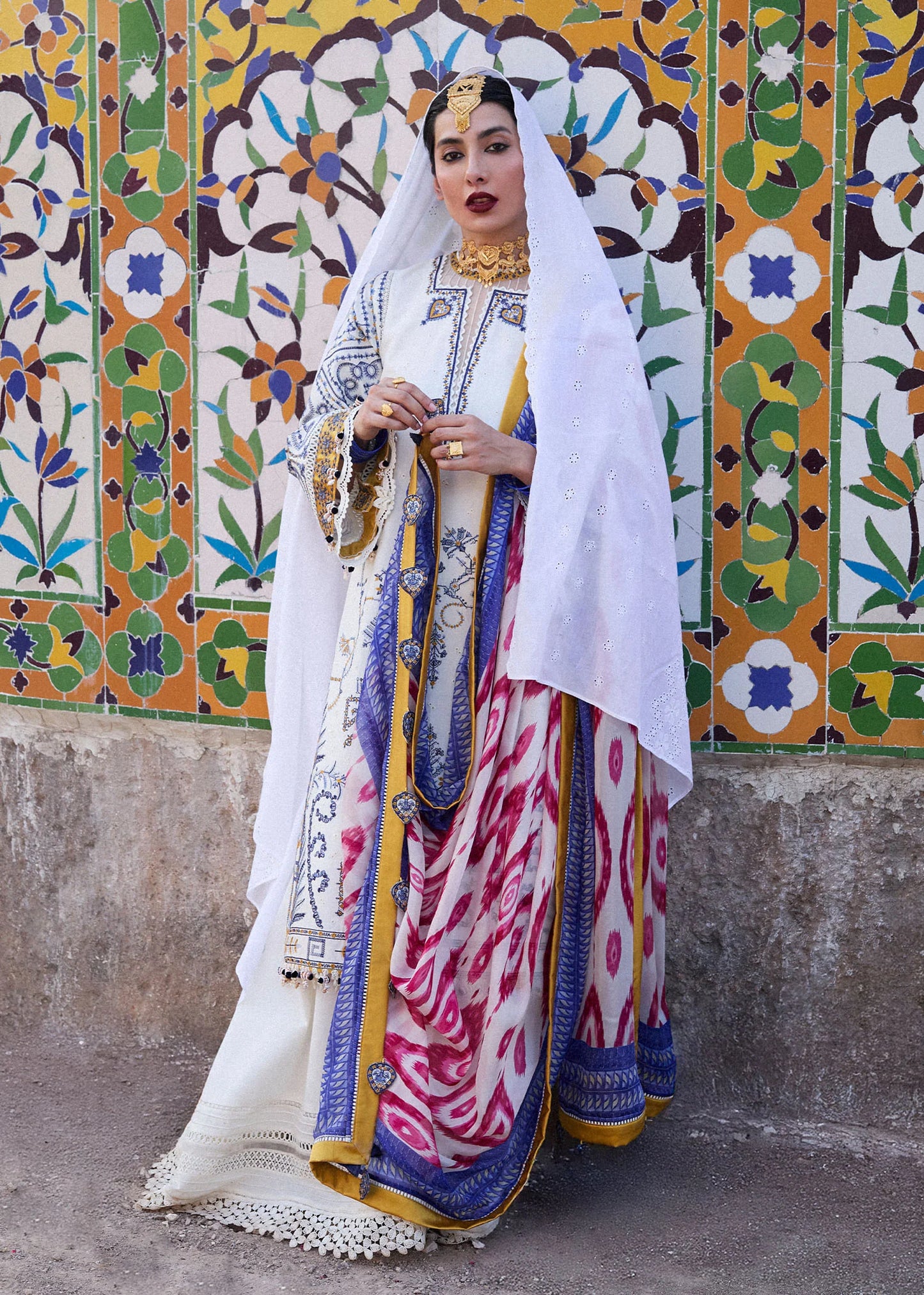Model wearing ivory and multicolor Motia from Hussain Rehar Nirmal SS '25, Pakistani luxury pret and Pakistani clothes online in UK.