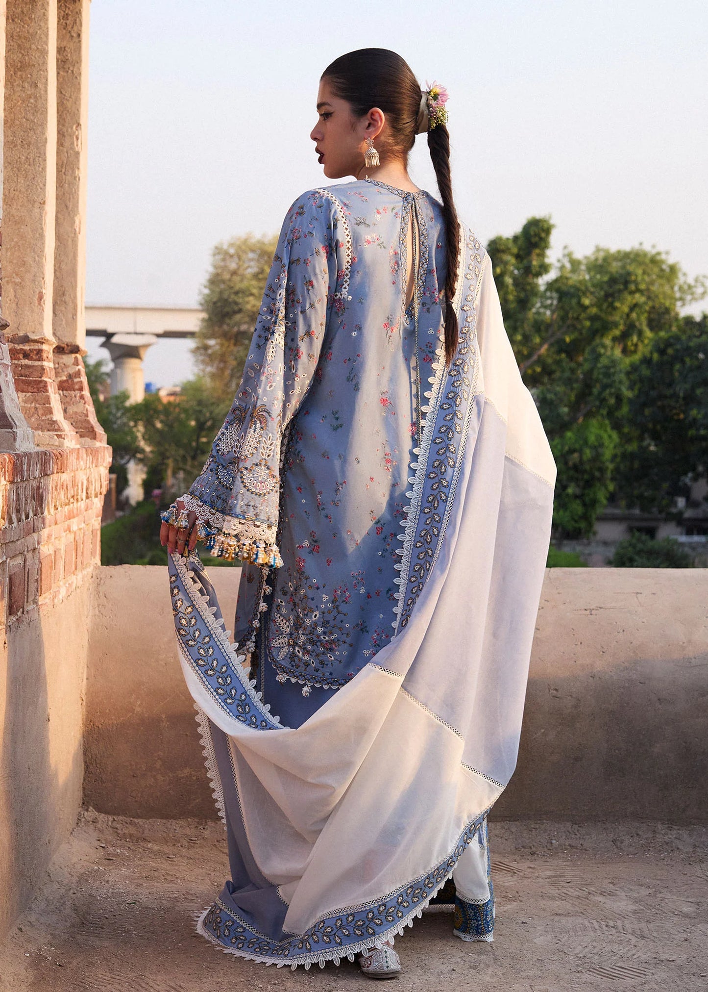 Model wearing powder blue Fira from Hussain Rehar Nirmal SS '25, Pakistani luxury pret and Pakistani clothes online in UK.