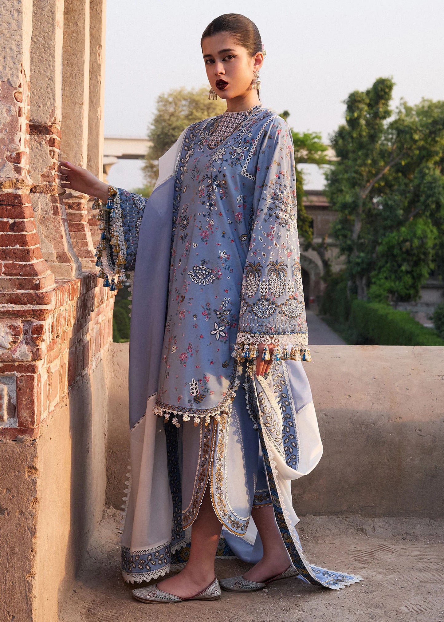 Model wearing powder blue Fira from Hussain Rehar Nirmal SS '25, Pakistani luxury pret and Pakistani clothes online in UK.